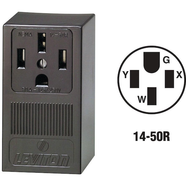 Straight Blade Receptacle, 14-50R, 50 A, 125/250V AC, 3 Pole, 4 Wire, Surface Mount, Grounded